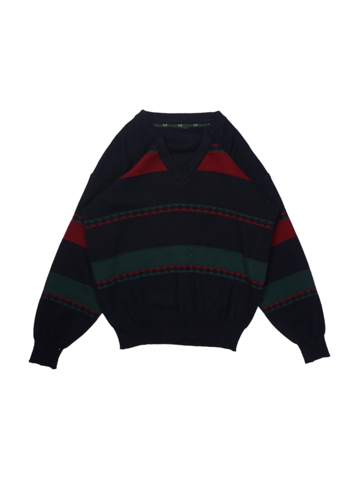Vintage Navy V-Neck Printed Knit Sweater