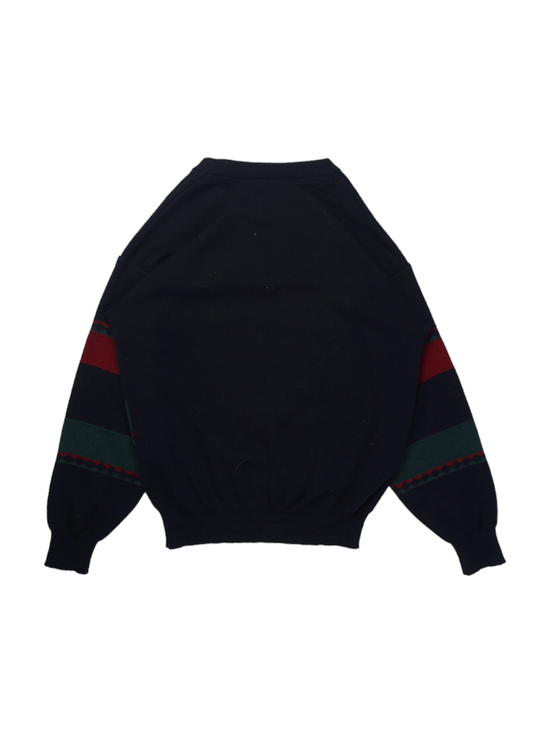 Vintage Navy V-Neck Printed Knit Sweater
